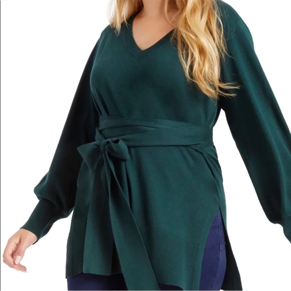 Eloquii Forest Green V Neck Tunic Sweater Puff Sleeves Waist Tie Belt Size 18/20